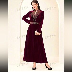 Velvet Patchwork Notched Neck Dress Women's Extra Large